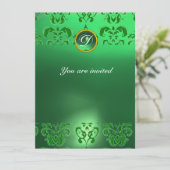 EMERALD DAMASK GEM STONE MONOGRAM grün Einladung (Stehend Vorderseite)