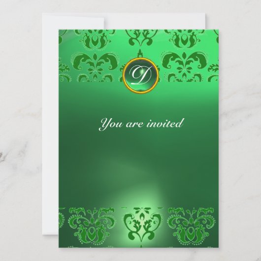 EMERALD DAMASK GEM STONE MONOGRAM grün Einladung (Vorderseite)