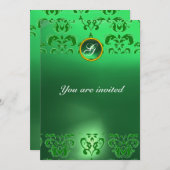EMERALD DAMASK GEM STONE MONOGRAM grün Einladung (Vorne/Hinten)