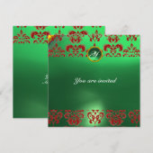 EMERALD DAMASK GEM STONE MONOGRAM grün rot Einladung (Vorne/Hinten)