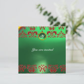 EMERALD DAMASK GEM STONE MONOGRAM grün rot Einladung (Stehend Vorderseite)