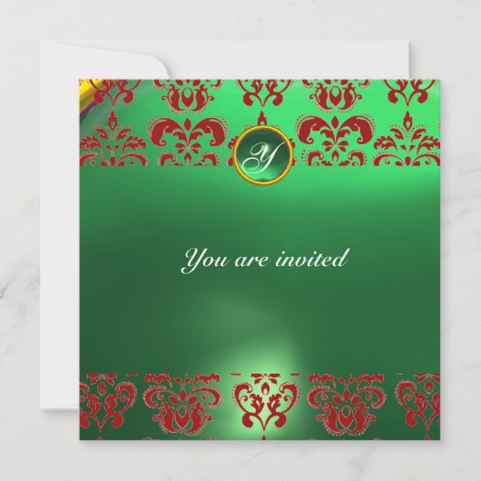 EMERALD DAMASK GEM STONE MONOGRAM grün rot Einladung (Vorderseite)