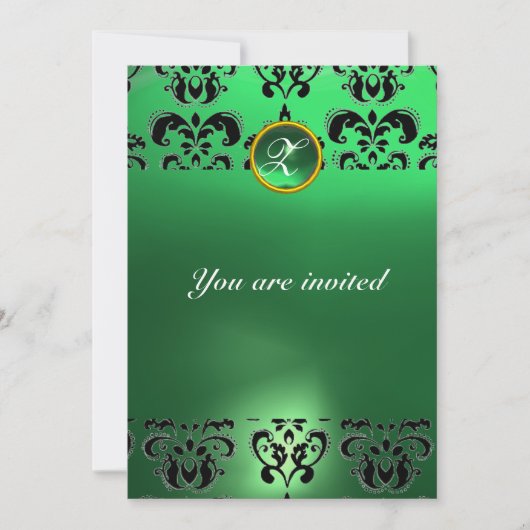 EMERALD DAMASK GEM STONE MONOGRAMM grün schwarz Einladung (Vorderseite)