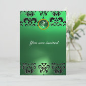 EMERALD DAMASK GEM STONE MONOGRAMM grün schwarz Einladung (Stehend Vorderseite)