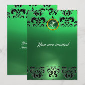 EMERALD DAMASK GEM STONE MONOGRAMM grün schwarz Einladung (Vorne/Hinten)