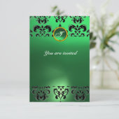 EMERALD DAMASK GEM STONE MONOGRAMM grün schwarz Einladung (Stehend Vorderseite)