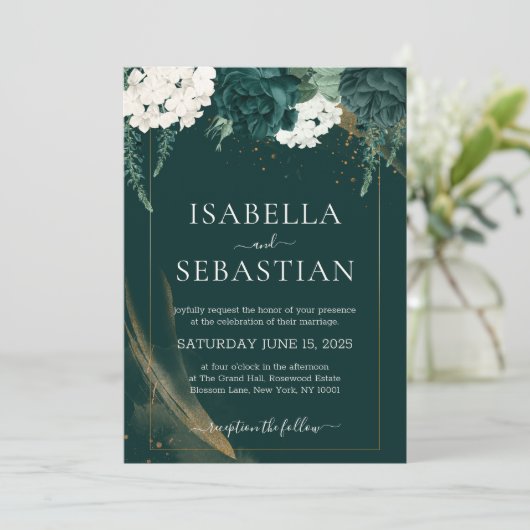 Emerald Dark Green Rose Blumenhochzeit Einladung (Stehend Vorderseite)