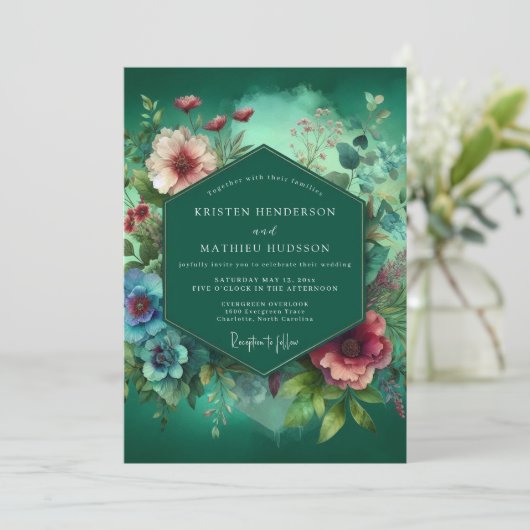 Emerald Deep Floral Opulence Wedding Einladung (Stehend Vorderseite)