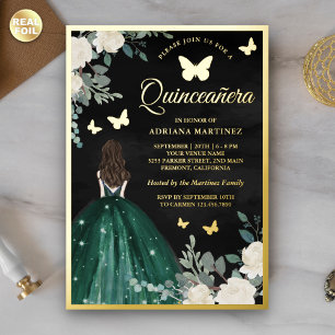 Emerald Dress Butterfly Black Quinceanera Gold Folieneinladung
