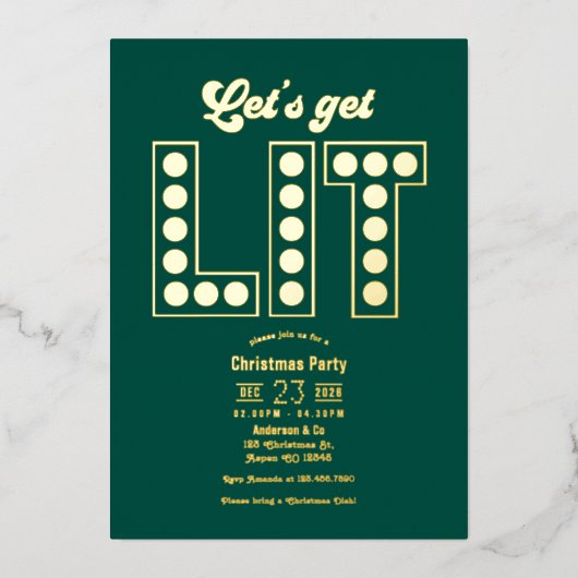 Emerald Elegance Get Lit Retro Christmas Party Folieneinladung (Vorderseite)