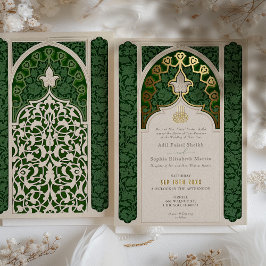Emerald Elegance Islamic Lace Wedding Folieneinladung