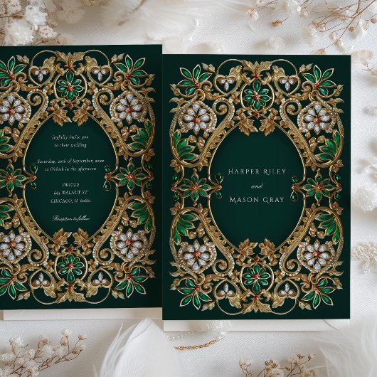 Emerald Elegance und Antique Gold Wedding Einladung