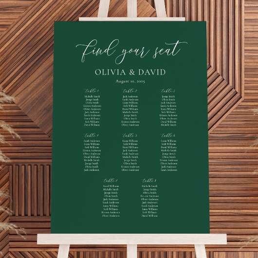 Emerald Elegant Script 8 Table Seating Chart Poster