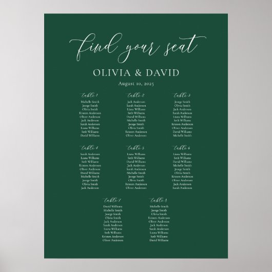 Emerald Elegant Script 8 Table Seating Chart Poster (Vorne)