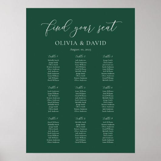 Emerald Elegant Script 9 Table Seating Chart Poster (Vorne)