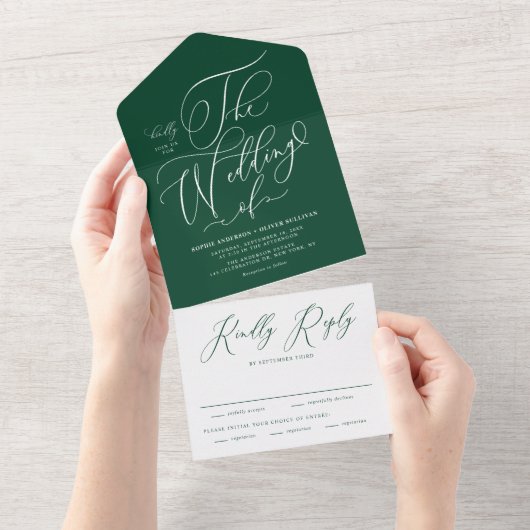 Emerald Elegant Whimsical Calligraphy Wedding All In One Einladung (Abreißen)