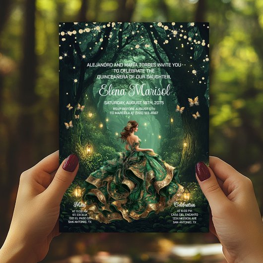 Emerald Enchanted Forest Quinceañera Einladung
