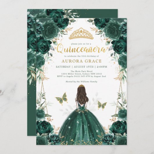 Emerald Enchanted Forest Quinceañera Princess Einladung (Vorne/Hinten)