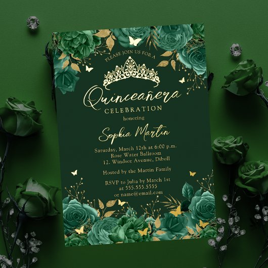 Emerald Enchanting Floral Butterfly Quinceanera Folieneinladung