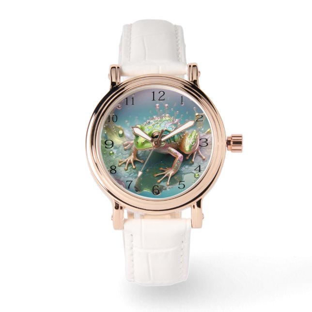 "Emerald Essence: Green Frog in Fraktal Art" Armbanduhr (Vorderseite)