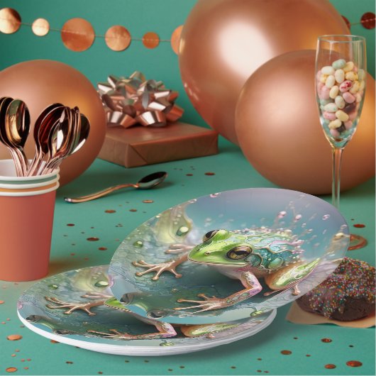 "Emerald Essence: Green Frog in Fraktal Art" Pappteller (Multi)