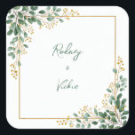 Emerald Eucalyptus Gold Berry Frame Wedding Quadratischer Aufkleber<br><div class="desc">Bring a breath of fresh, organic elegance to your stationery with this vibrant watercolor botanical arrangement. The design features lush clusters of emerald eucalyptus leaf paired with delicate, sun-kissed yellow mimosa berry accents that gracefully adorn the corners. A clean, shimmering gold square frame ties the arrangement together against a crisp...</div>