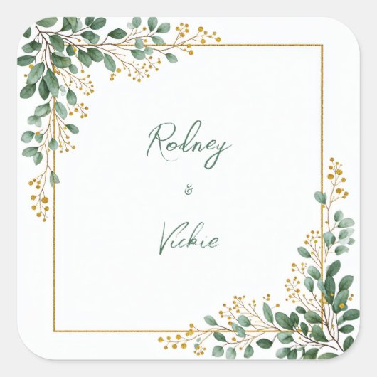 Emerald Eucalyptus Gold Berry Frame Wedding Quadratischer Aufkleber (Vorderseite)