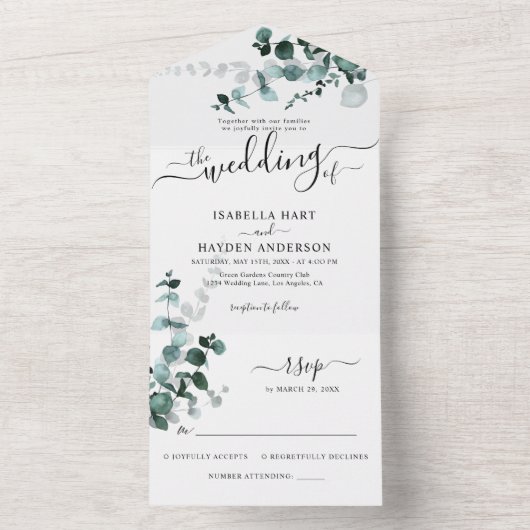 Emerald Eucalyptus Greenery Botanical Wedding RSVP All In One Einladung (Innen Boden)