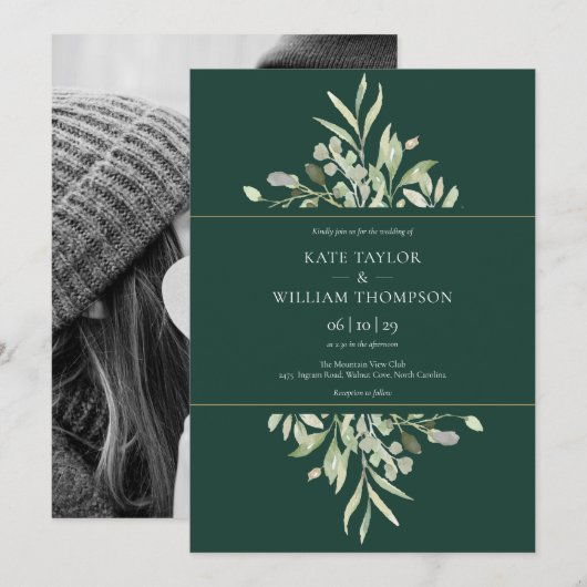 Emerald Eucalyptus Greenery Foto Wedding Einladung (Vorne/Hinten)