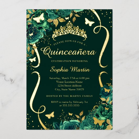 Emerald Floral Butterfly Tiara Quinceanera Folieneinladung (Vorderseite)