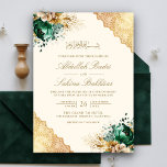 Emerald Floral Gold Lace Cream muslimische Hochzei Einladung<br><div class="desc">Erleben Sie Ihre Gäste mit dieser eleganten islamischen Hochzeitsfeier mit smaragdgrünen Blume und einer faszinierenden Spitze mit moderner Typografie. Fügen Sie einfach Ihre Veranstaltungsdetails zu dieser einfach zu bedienenden Vorlage hinzu,  um sie zu einer einmaligen Einladung zu machen.</div>