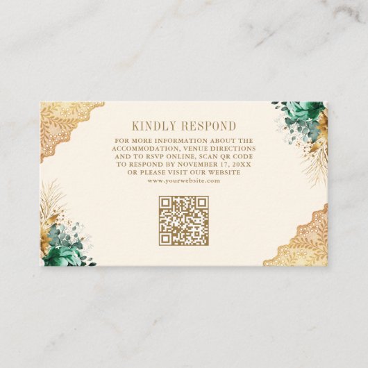 Emerald Floral Gold Lace Cream Wedding QR Code Begleitkarte (Vorderseite)