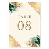 Emerald Floral Gold Lace Cream Wedding Tischnummer (Rückseite)