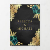 Emerald Floral Gold Lace QR Code Black Wedding Dreifach Gefaltete Einladung (Cover)