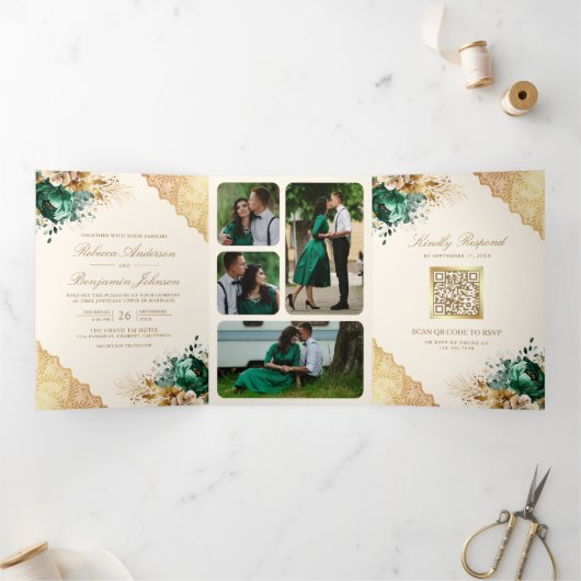 Emerald Floral Gold Lace QR Code Cream Wedding Dreifach Gefaltete Einladung (Innenseite)