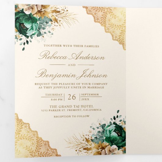 Emerald Floral Gold Lace QR Code Cream Wedding Dreifach Gefaltete Einladung (Innen Erste Seite)