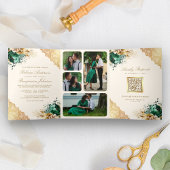 Emerald Floral Gold Lace QR Code Cream Wedding Dreifach Gefaltete Einladung
