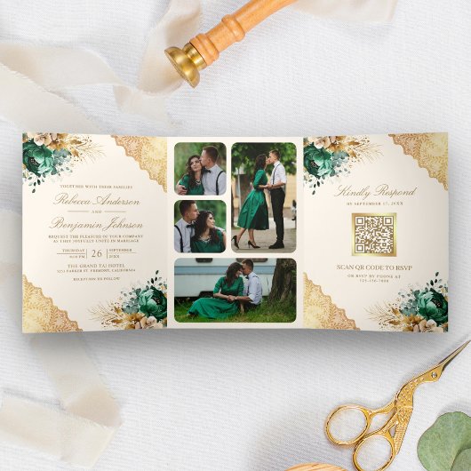 Emerald Floral Gold Lace QR Code Cream Wedding Dreifach Gefaltete Einladung