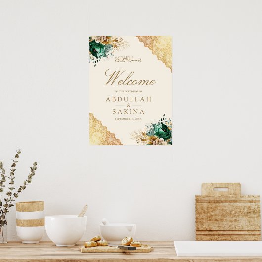 Emerald Floral Gold Muslim Wedding Welcome Poster (Küche)