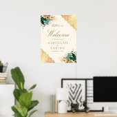 Emerald Floral Gold Muslim Wedding Welcome Poster (Heimbüro)