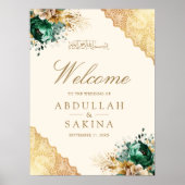Emerald Floral Gold Muslimische Hochzeitsbegrüßung Poster (Vorne)