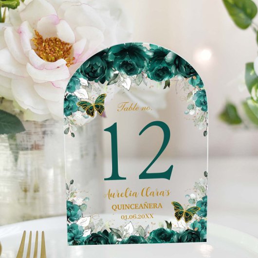 Emerald Floral Gold Quinceañera XV 16 Tischnummer