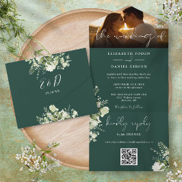 Emerald Floral Greenery QR Code Wedding Foto All In One Einladung