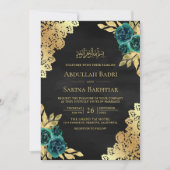 Emerald Floral Lace Black QR Code Muslime Hochzeit Einladung (Vorderseite)