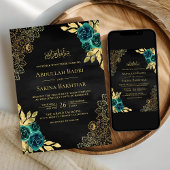 Emerald Floral Lace Black QR Code Muslime Hochzeit Einladung