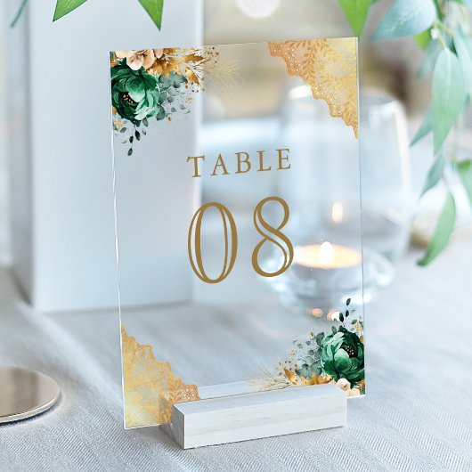 Emerald Floral Lace Wedding Acrylic Table Number Acryleinladungen