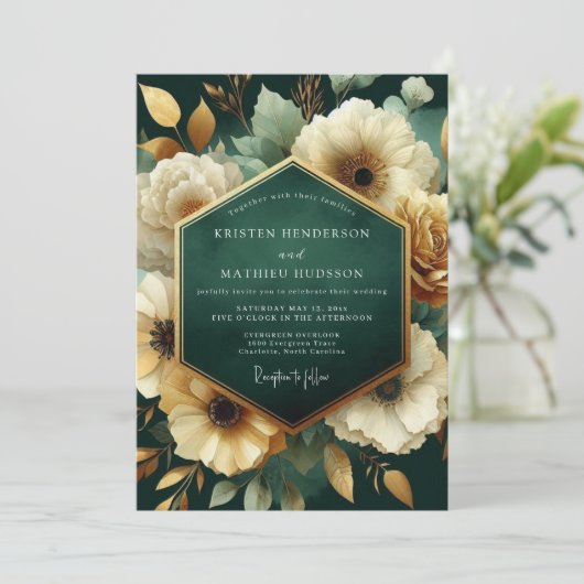 Emerald Floral Opulence Wedding Einladung (Stehend Vorderseite)