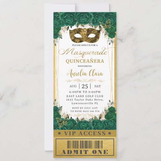 Emerald Floral Quinceañera Masquerade VIP Ticket Einladung (Vorderseite)