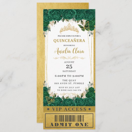 Emerald Floral Quinceañera Sweet 16 VIP Ticket Einladung (Vorne/Hinten)