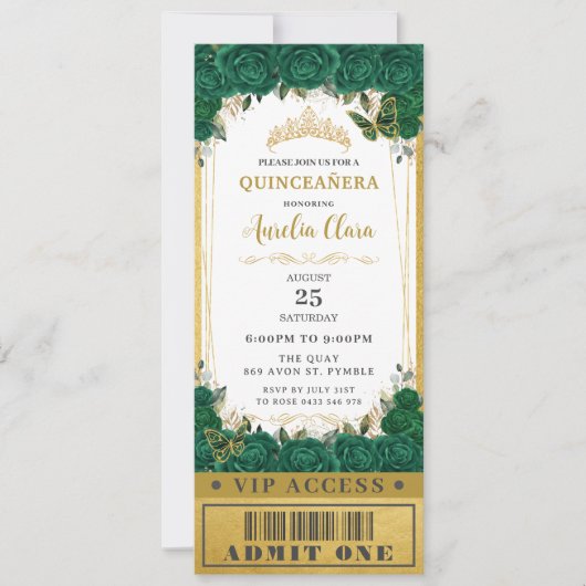 Emerald Floral Quinceañera Sweet 16 VIP Ticket Einladung (Vorderseite)